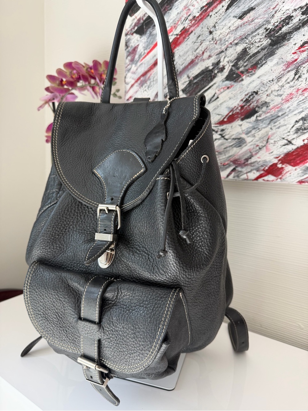 Vintage Roots Canada Black Pebbled Leather Alex Backpack Made in Canada